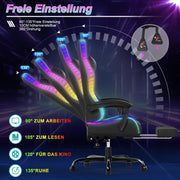 Silla gaming LED Devoko – Silla de oficina ergonómica con función de masaje y reposapiés telescópico, respaldo ajustable (90-135°), para gamers de hasta 150 kg, diseño que cuida la vista, negro