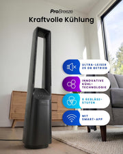 Ventilador sin aspas Pro Breeze de 101 cm - Ventilador para casa inteligente con Wi-Fi, control remoto, pantalla LED, 6 velocidades - Ventilador de torre muy silencioso, 5 modos de funcionamiento, oscilación automática de 60°, temporizador de 7 h