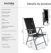TecTake® Juego de 4 sillas de jardín plegables con reposabrazos, sillas de exterior con estructura de aluminio, respaldo alto ajustable en 7 posiciones, resistente a la intemperie, para salón de jardín exterior