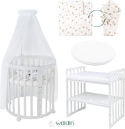 Cuna ovalada evolutiva Waldin, set completo 7 en 1, cuna de barrotes, cama infantil con colchón, cambiador, cuna colecho, madera blanca