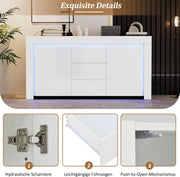 Aparador ModernLuxe LED de alto brillo para salón, armario auxiliar de 140x40x65 cm, 3 cajones y 2 puertas, cómoda moderna con almacenamiento para recibidor, oficina y salón, blanco