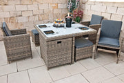 Ragnarök PolyRattán - Marca ALEMANA - Producción PROPIA - 8 años de garantía - Juego de comedor para jardín, mesa, 4 sillas, taburetes, 12 cojines, gris, aluminio inoxidable, natural, comedor, cubo, cristal