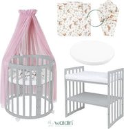 Cuna ovalada evolutiva Waldin, set completo 7 en 1, cuna de barrotes, cama infantil con colchón, cambiador, cuna colecho, madera blanca