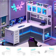 Escritorio gaming en forma de L, escritorio para computadora, panel perforado, 5 cajones y estante de almacenamiento