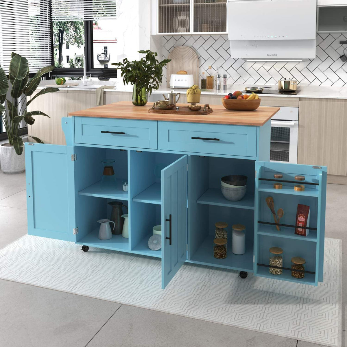 Aparador de cocina Sweiko, mueble de almacenamiento versátil con cajones y ruedas, diseño para comedor en madera clara y azul, armario de salón con estantes ajustables