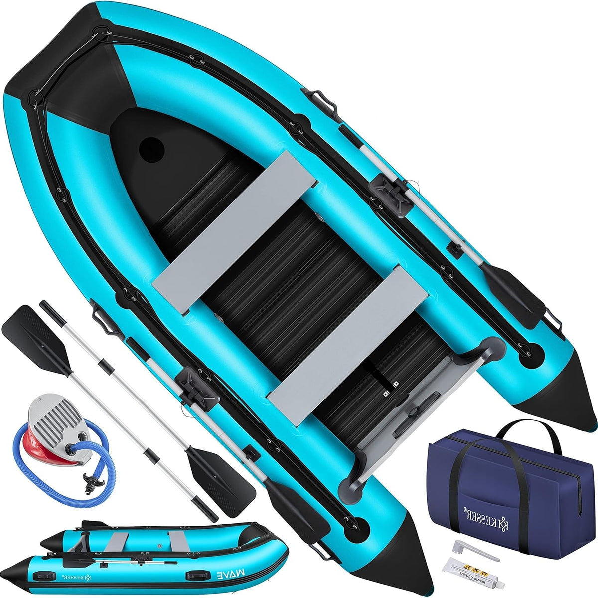 KESSER® Bote neumático Wave 230-320 cm Set de 6 piezas inflable – Bote + banco, bomba de aire, remos, kit de reparación, bolsa, bote de pesca, bote de remos pequeño y grande - compatible con motor, apto para agua salada