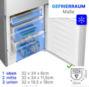 Refrigerador con congelador Bomann® de 143 cm de altura | Frigorífico combi de 175 L con 3 estantes y 3 cajones | Sentido de apertura de puerta reversible | Frigorífico combi silencioso de 39 dB | Frigorífico KG 322.1 aspecto inox