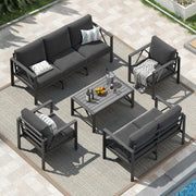 Conjunto de muebles de jardín de aluminio OMERAI de 5 piezas, incluye funda protectora impermeable para 7 personas, salón de jardín exterior con sofá, sillones y mesa, conjunto de jardín para jardín, terraza y balcón, gris oscuro