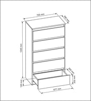 Meble Masztalerz Cómoda con frentes en blanco brillante y 5 cajones de 70 cm, aparador para salón y dormitorio, Al.: 124,5 cm, An.: 70 cm, Pr.: 39 cm - Cómoda con cajones - Cajonera