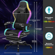 Silla gaming LED Devoko – Silla de oficina ergonómica con función de masaje y reposapiés telescópico, respaldo ajustable (90-135°), para gamers de hasta 150 kg, diseño que cuida la vista, negro