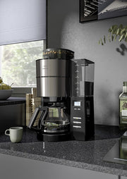 Melitta AromaFresh - Cafetera de filtro - con jarra de cristal - molinillo integrado - función de temporizador - 10 tazas - Negro puro