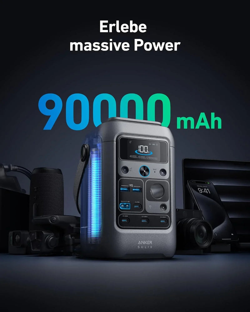 Estación de energía portátil C300, batería LiFePO4 de 288Wh, potencia de salida de 300W con puertos USB-C y función de carga solar