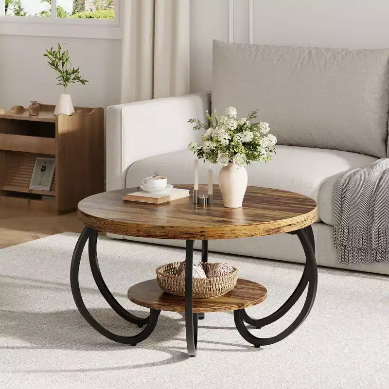 Mesa de centro industrial redonda de 30 pulgadas, 2 niveles con patas ajustables, estante con veta de madera, diseño de llama, fácil montaje, para sala de estar