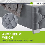 Cama tapizada Juskys Nizza 180x200 cm con colchón, estructura de cama con somier, almacenamiento y luz LED, tapizado de terciopelo, capitoné estilo Chesterfield, gris