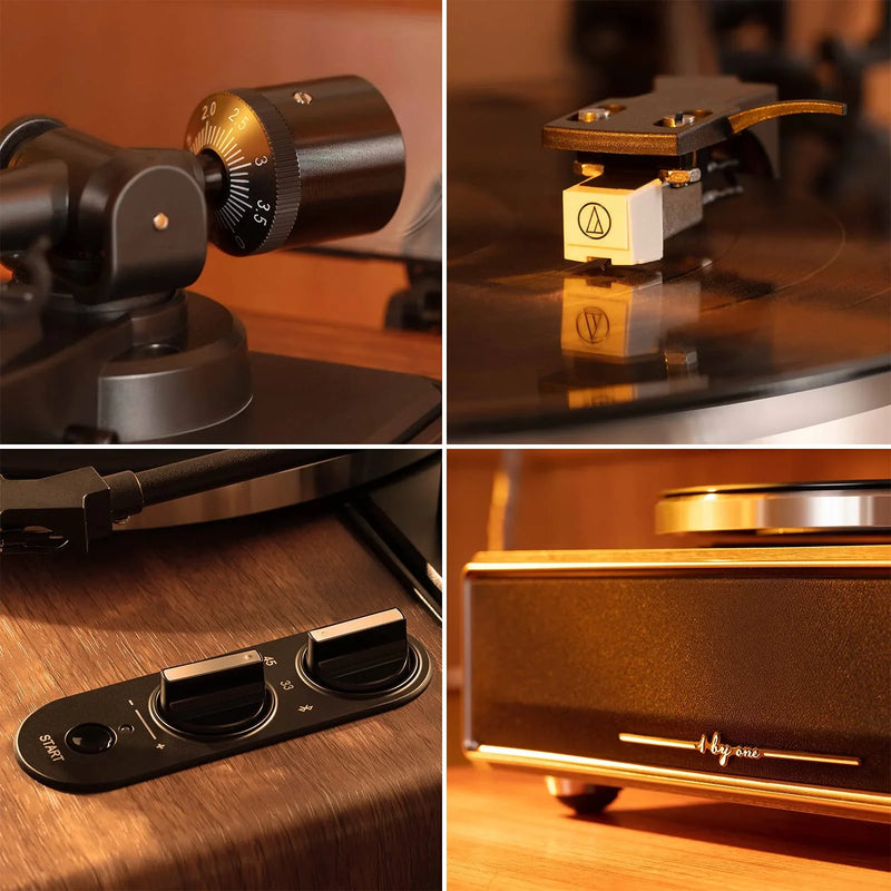 1byone MM Tocadiscos con altavoces, 33/45 RPM, Bluetooth, transmisión por correa, parada automática, preamplificador phono