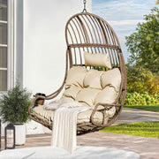 YITAHOME Silla colgante tipo huevo con capacidad de carga de 150 kg, sillón colgante de ratán con cojín y portavasos, silla tipo cesta colgante para jardín, patio, balcón, sala de estar, beige