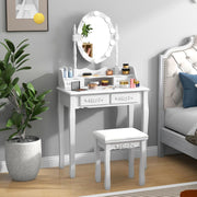 Tocador COSTWAY con iluminación LED, brillo  ajustable, mesa de maquillaje con 4 cajones, taburete y espejo giratorio de 360°, mesa de cosméticos para dormitorio (blanco)