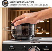 Krups Precision, Máquina de café espresso manual con molinillo, 30 niveles de molienda, 15 bares, boquilla de vapor, 3 temperaturas, interfaz intuitiva, capuchino, XP801T10