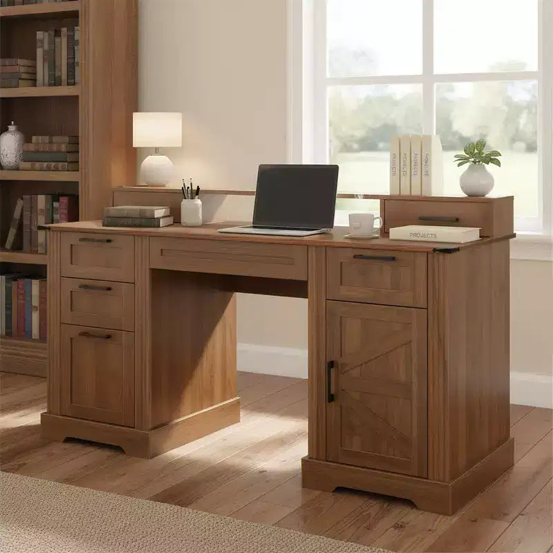 Escritorio ejecutivo de 59" con 6 cajones, escritorio de madera para computadora con cajón para archivos y estación de carga, mesa de conferencias para oficina en casa