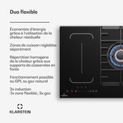 Placa de inducción y gas Klarstein MultiChef 5 - 5 zonas, Flexzone, 10,6 kW, control deslizante, Stop&Go, temporizador, negro, 87,5 cm