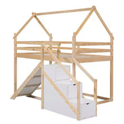 Literas tipo casita con tobogán y escaleras de almacenamiento, litera de madera individual sobre individual para niños con techo y escaleras para niñas y niños