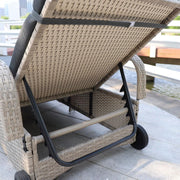 Tumbona de jardín, hamaca de ratán con espacio de almacenamiento y respaldo reclinable, mueble de jardín móvil con cojín, poliratán y metal, 200 x 75 x 30-92 cm (beige/gris oscuro)