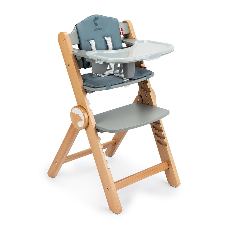 Trona de madera Drömmer Unique hasta 75 kg, trona plegable evolutiva de haya para niños con cojín de asiento, arnés de 5 puntos, bandeja adicional, cinturón de entrepierna, 9 ajustes de altura, barra de seguridad, gris