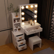 Tocador con espejo e iluminación, mesa de maquillaje, con 4 cajones, 4 estantes abiertos para dormitorio, conjunto de tocador con luces y taburete, 3 estantes ocultos