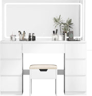 TRIUMPHKEY Tocador grande con espejo e iluminación LED de 115 cm, temperatura de color ajustable, tocador de 7 cajones con toma de corriente y taburete, 115x40x139 cm, blanco
