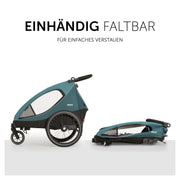 hauck Remolque de bicicleta y cochecito Dryk Duo Plus con suspensión, para 2 niños (6-48 meses), incluye barra de tiro, rueda de cochecito, bandera y luz LED, plegable, altura ajustable, maletero XL (verde oscuro)
