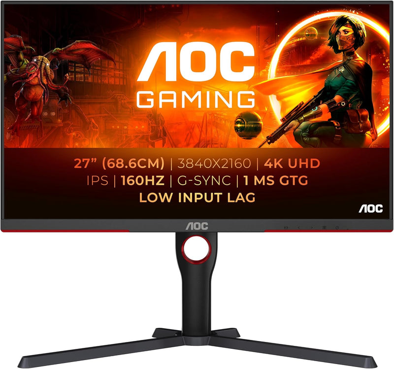 AOC Gaming U27G3X - Monitor UHD de 27 pulgadas, 160 Hz, FreeSync Premium, comp. G-Sync, HDR400 (3840x2160, 1ms GtG, HDMI 2.1, DisplayPort) negro-rojo