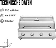 Grillfürst Gasgrill G401E - 4 quemadores de acero inoxidable, barbacoa de gas empotrable con ventana, parrilla para cocina exterior con tapa de doble pared y rejillas de acero inoxidable, modelo integrable