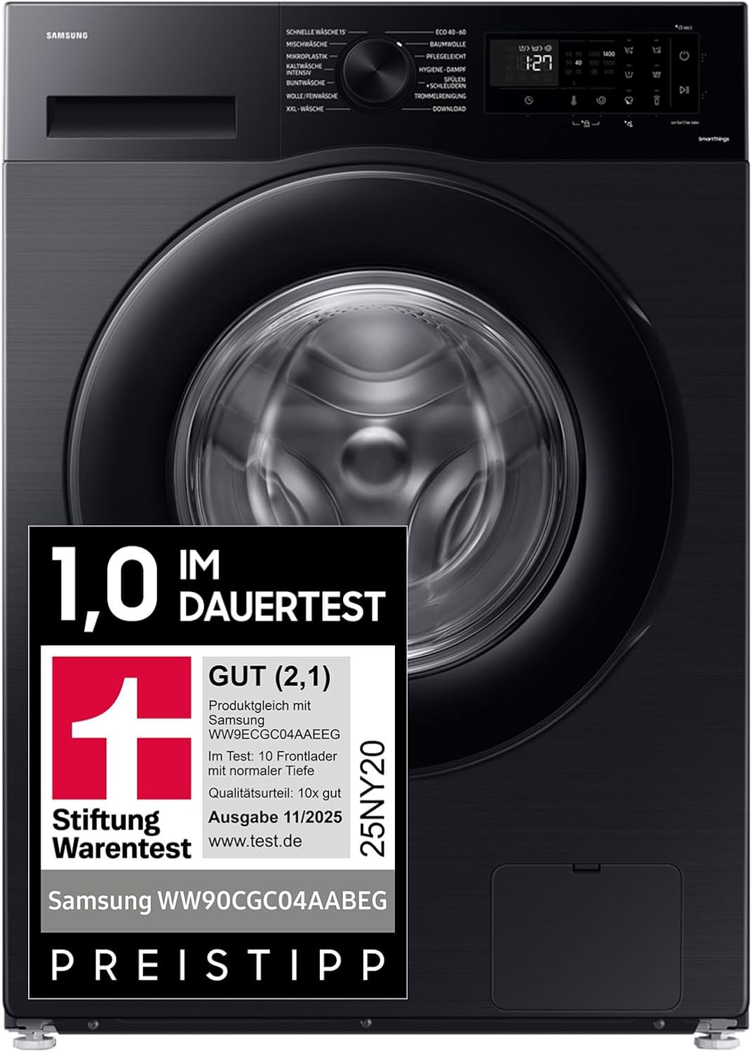 Lavadora Samsung, 9 kg, 1400 rpm, clase energética A, programa de microplásticos, Ecobubble, 14 programas, WiFi SmartControl, negro, WW90CGC04AABEG