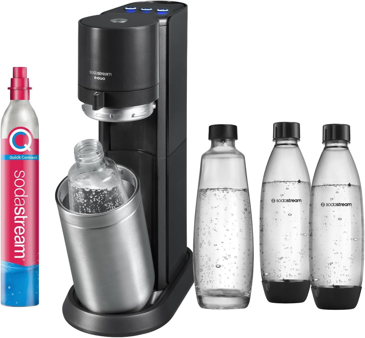 SodaStream máquina de agua con gas eléctrica E-DUO con cilindro de CO2 Quick-Connect | incl. 1 botella de vidrio de 1L y 2 botellas de plástico FUSE de 1L (aptas para lavavajillas) | Color: Titanio