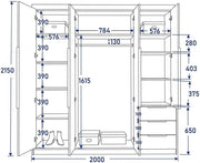 Armario de 4 puertas A&J MöbelLand KLARI con 3 cajones – 200 x 215 cm – Armario de puertas batientes con barra para colgar ropa y estantes