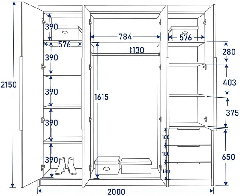 Armario de 4 puertas A&J MöbelLand KLARI con 3 cajones – 200 x 215 cm – Armario de puertas batientes con barra para colgar ropa y estantes