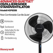 Ventilador de pedestal oscilante Honeywell Advanced QuietSet (5 ajustes de velocidad, función de temporizador, oscilación de 70°, altura ajustable, control remoto, fácil de usar) HSF600B