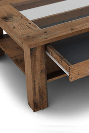 Mesa de centro Ralph de byLIVING / aspecto de madera vieja de roble marrón oscuro / mesa de sofá con incrustaciones de vidrio y un cajón espacioso en marrón / mesa auxiliar con mucho espacio de almacenamiento / An 110, Al 43, Pr 67 cm