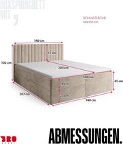 Cama boxspring BROMARKT con arcón, cama tapizada con colchón Bonnell y topper, cama doble con espacio de almacenamiento para dormitorio, cabecero acolchado Dream 140x200, grado de firmeza H3, tejido de terciopelo beige