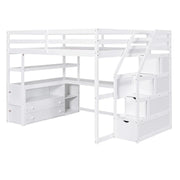 Cama alta de tamaño matrimonial con escritorio y estantes, dos cajones integrados, escalera con almacenamiento, gris