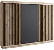 A&J MöbelLand Armario de puertas correderas IOSA, armario de 3 puertas con 4 cajones y listones 3D, ropero de 200 cm (Sonoma/Negro/Negro/Negro)
