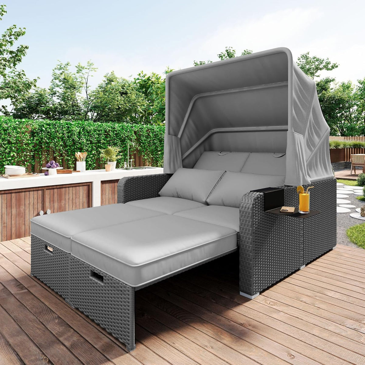Muebles de jardín de ratán sintético para 2 personas, sofá de jardín, sofá lounge, toldo extraíble, ratán sintético y espuma, gris