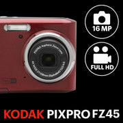 KODAK Pixpro - FZ45 - Cámara digital compacta de 16,44 megapíxeles - Negro - Rojo - 1280 x 720p