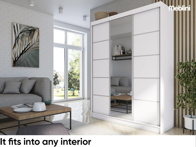 Armario MEBLINI con espejo, 3 puertas - Armario de puertas correderas con barra para colgar ropa - Armario de dormitorio con estantes - Armario ropero - MAKIRA - 180 cm - Blanco/Blanco + espejo