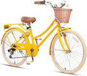Glerc Missy 20, 24, 26 pulgadas bicicleta híbrida urbana tipo crucero para niñas, de 6 velocidades, con cesta de mimbre, para jóvenes mayores de 6 años, varios colores