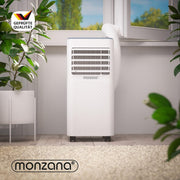 Aire acondicionado portátil Monzana® MZKA2000, manguera de escape, 7000 BTU, 3 en 1, 750 W, temporizador 24 h, 25 m², mando a distancia, deshumidificador, kit de sellado para ventanas, climatizador