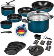 Juego de sartenes y ollas Kelton 3 en 1 con tapa y cortador de verduras, 27 piezas, batería de cocina con sartenes y ollas con revestimiento antiadherente, libre de PFOA y PTFE, mango extraíble