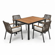 Conjunto de comedor de jardín de aluminio y madera de teca con 4 sillas de cuerda
