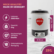 WECK Einkochautomat WAT14 (Serie Finale) esmaltado con termostato de precisión – Olla para conservas de 29 L, calentador de vino caliente, extractor de jugos al vapor, autoclave para conservas – Hecho en Alemania, alta calidad y versátil
