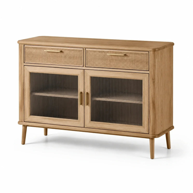 Aparador de madera con puertas de cristal acanalado y cajones de ratán 120x40x85 cm natural